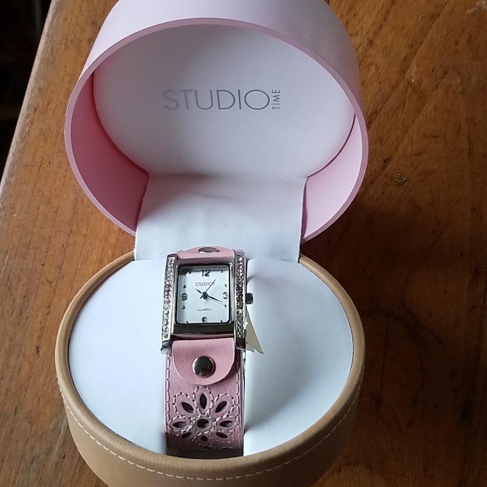 Studio Time pink flower band square face watch